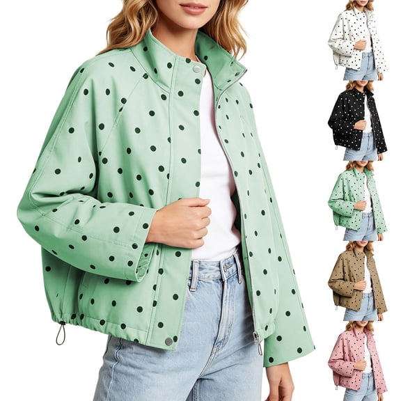 Women's Polka Dot Stand Collar Jacket Zip Up Long Sleeve Cropped Windbreaker Coat Drawstring Hem Lightweight Fall Street Outerwear White