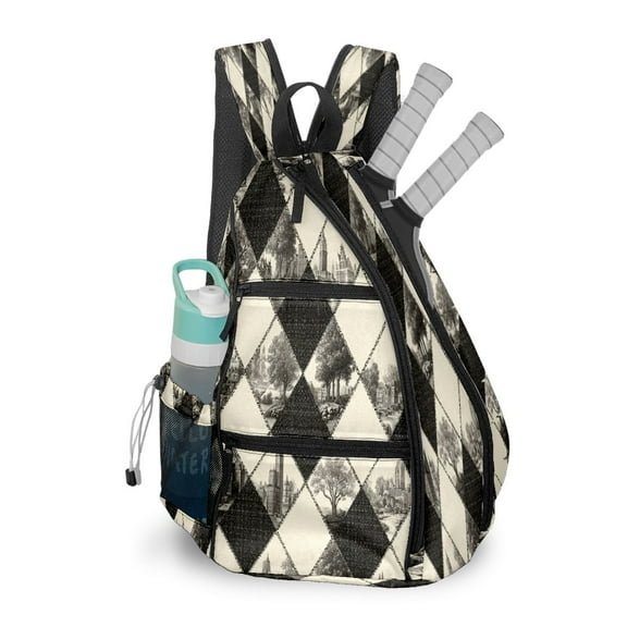 Pickleball Bag with Padded Back, Argyle BlackWhite Multi-Compartment Paddle Backpack, Lightweight Nylon Sports Bag for Men & Women