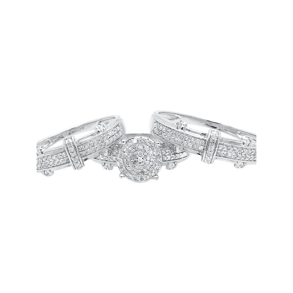 10k White Gold Trio Set Men's Women Engagement Ring Set Genuine Diamonds 0.4 ct