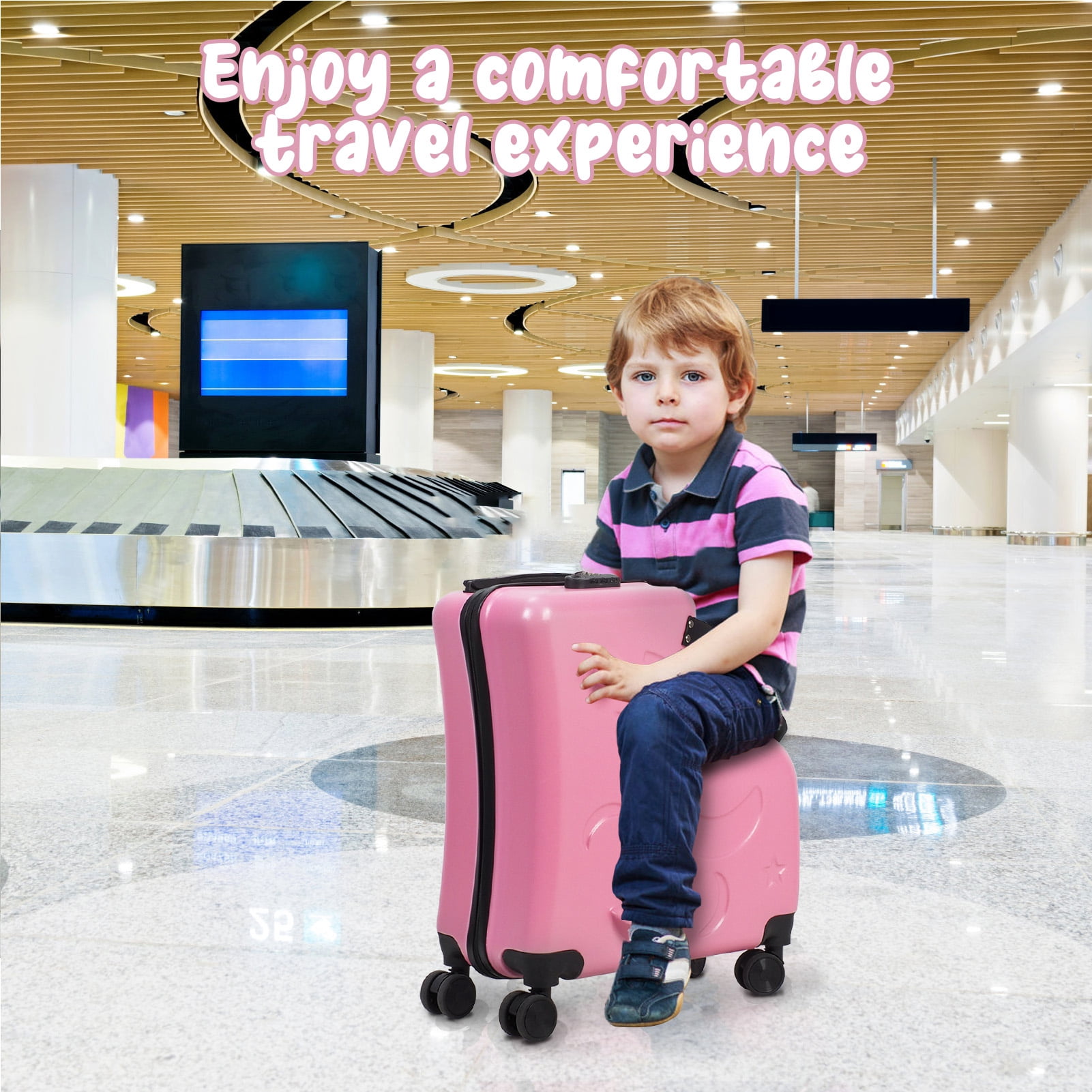 Large Capacity Carry-On Luggage with Casters, Impact Resistant Rolling Children Travel Suitcase with Seat and Safety Belt, Carry-on Luggage with 4 Spinner Wheels-Pink