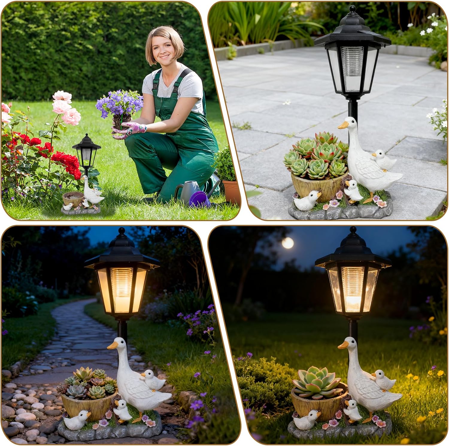 Fountwell Garden Duck Statues with Solar Lantern Flowerpot, Resin Duck Figurines Outdoor Decor – Patio Lawn Backyard Porch Ornaments, Unique Housewarming Birthday Gift for Women Mom
