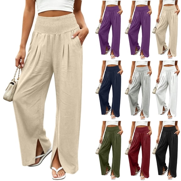 Women's Smoked High Waist Wide Leg Pants Slit Hem Casual Beach Vacation Flowy Trousers with Pockets Lightweight Loungewear Pants White
