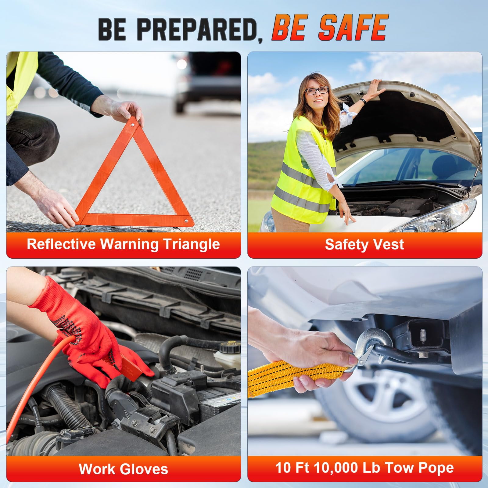 Roadside Emergency car kit for Vehicles, Car First Aid Emergency kit with Portable Air Compressor, Heavy Duty Jumper Cables, Tow Strap, Road Trip Essentials Safety kit, New Driver Gifts