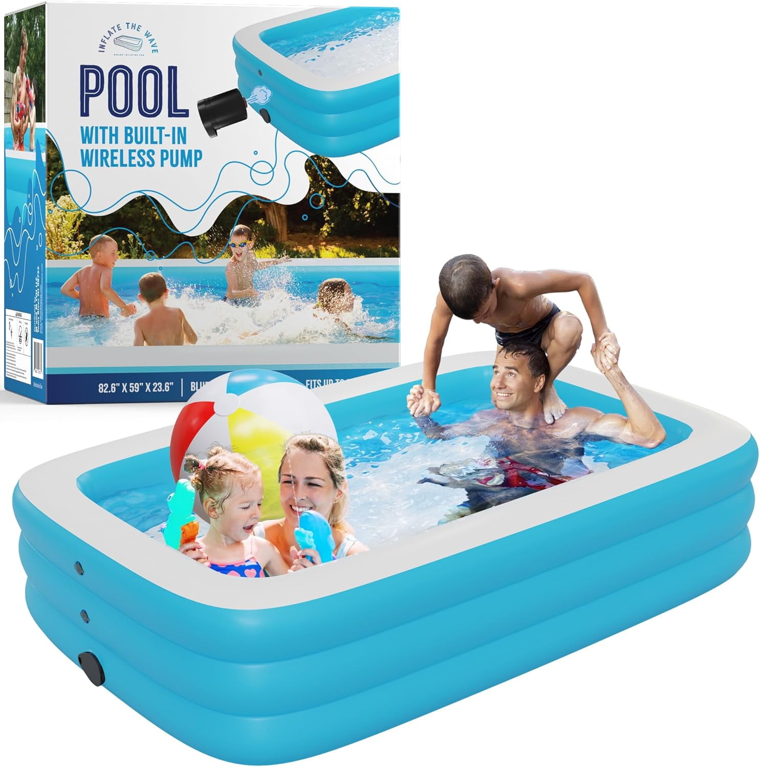Inflatable Swimming Pool with Built-in Air Pump (Pink, Medium - 82.6" x 59" x 23.6") - for Kids & Adults - Self Inflating Blow Up - Family & Kiddie Pool