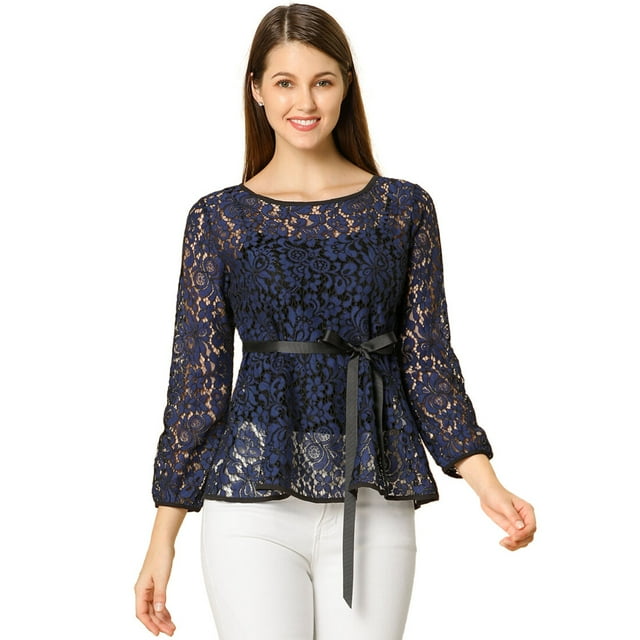 AllegK Blusas Tops Peplum De Encaje Semitransparente De ManLarCon CintuAnudaPaMujer Azul oscuro M