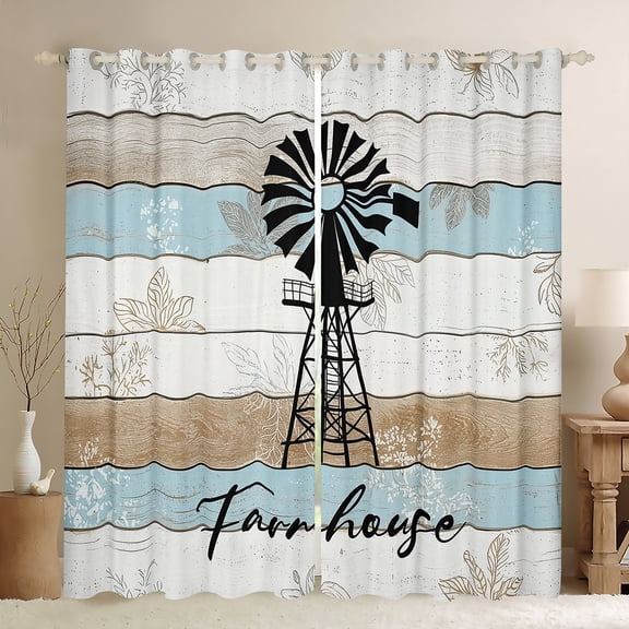 Homewish Enjoy Farm Life Blackout Curtains Set of 2 (52x84 Each), Countryside Wooden Plank Window Curtains, Leaf Botanical Print Curtains and Drapes, Curtains and Drapes Room Decor
