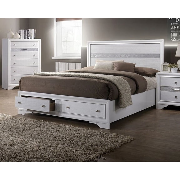 White Queen Size Bed with Panel Headboard and Silver Accented Drawers, Bedroom Furniture