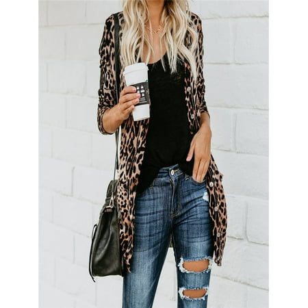Womens Long Sleeve Leopard Print Fashion Coat Bllouse T-Shirt Tank