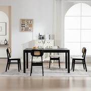 Guyou Rattan Dining Chairs Set of 2, Farmhouse Black Wooden Dining Side Chairs, Mid Century Modern Linen Upholstered Kitchen Chairs with Cane Back for Dining Room Kitchen Living Room, Beige