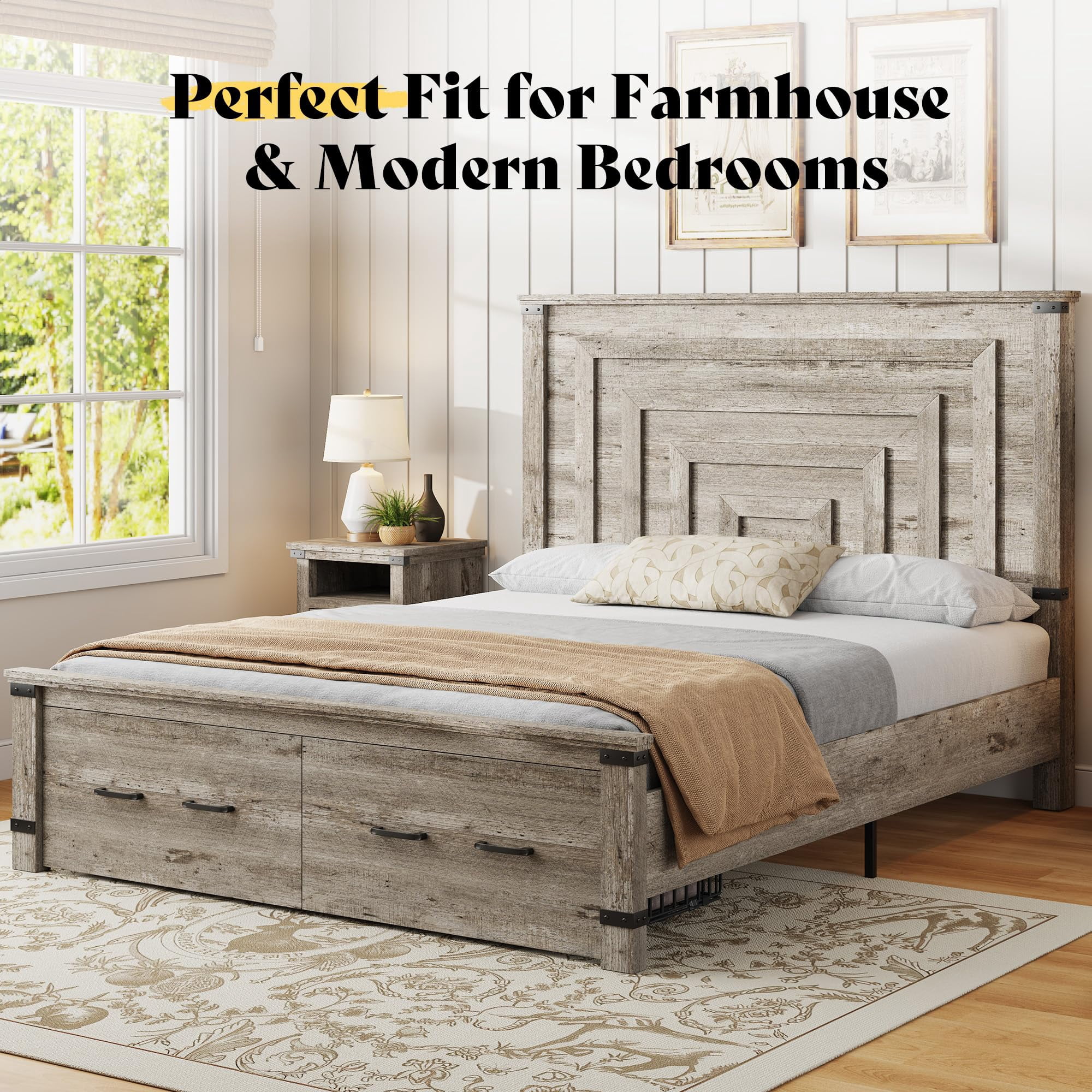 PLAUIN Farmhouse Queen Size Bed Frame, Rustic Wood Platform with Footboard & Wood Slats, Grey