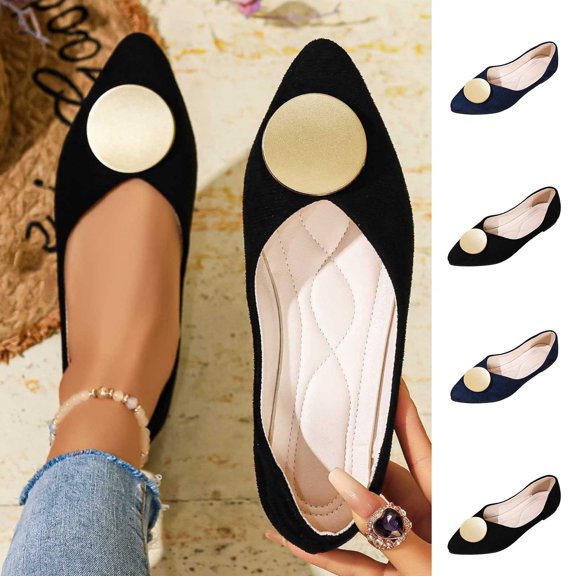 Miluxas Women’s Pointed Toe Ballet Flats, Gold Round Metal Accent Slip On Shoes, Soft Cushioned Casual office Dress Flats Navy 9(43)