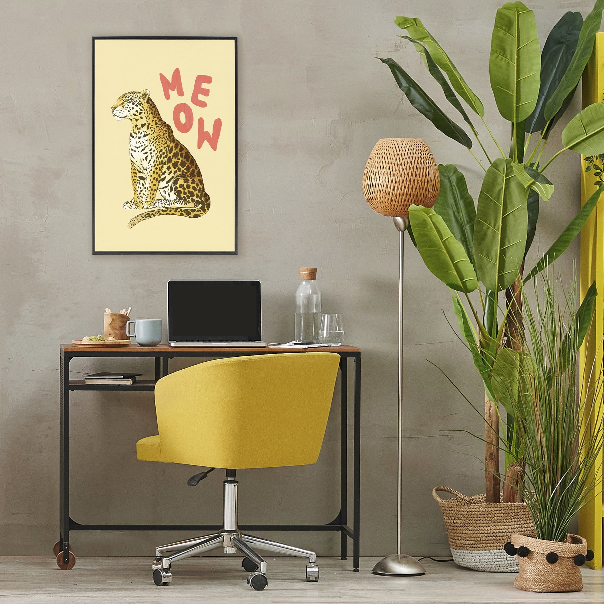 Stupell Industries Meow Leopard on Yellow Black Framed Giclee Art, design by Florentina Dolci