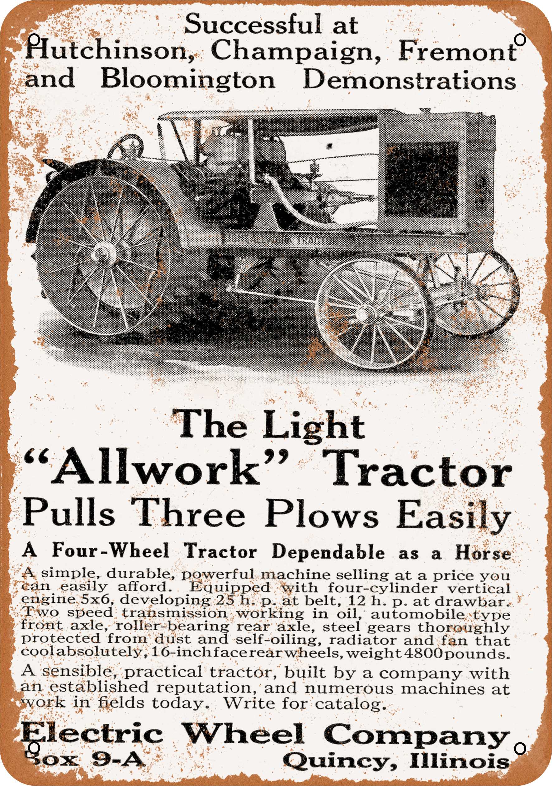 7 x 10 METAL SIGN 1916 Electric Wheel Company Tractors Vintage