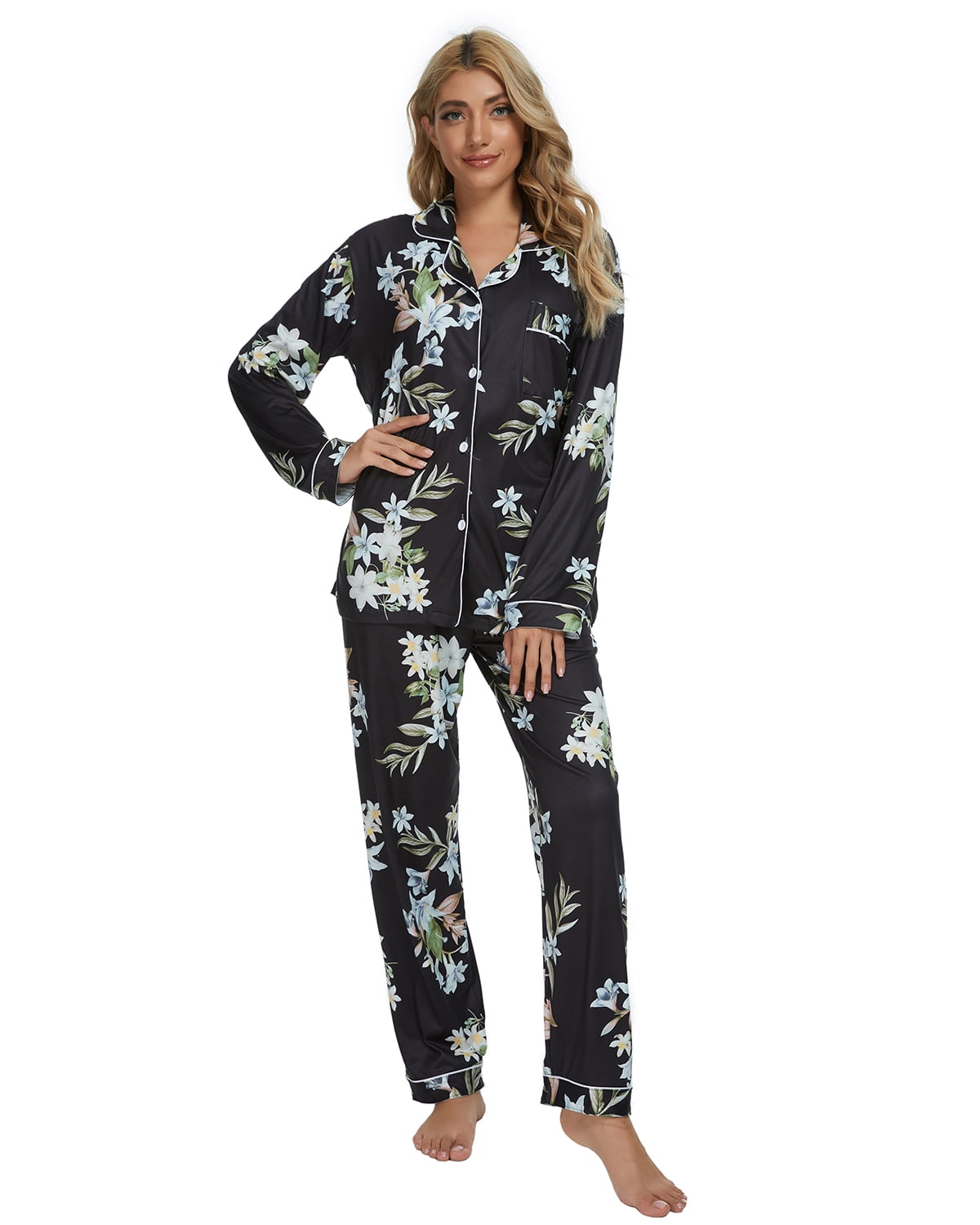MintLimit Women's Floral Pajamas Set ButtonDown Long Sleeve Vneck