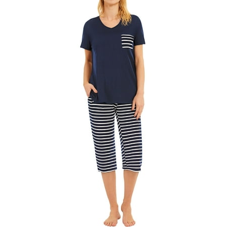 

GESJQFZ Women V Neck Pockets Solid Color Pajama Striped Calf-Length Pants Nightwear Set