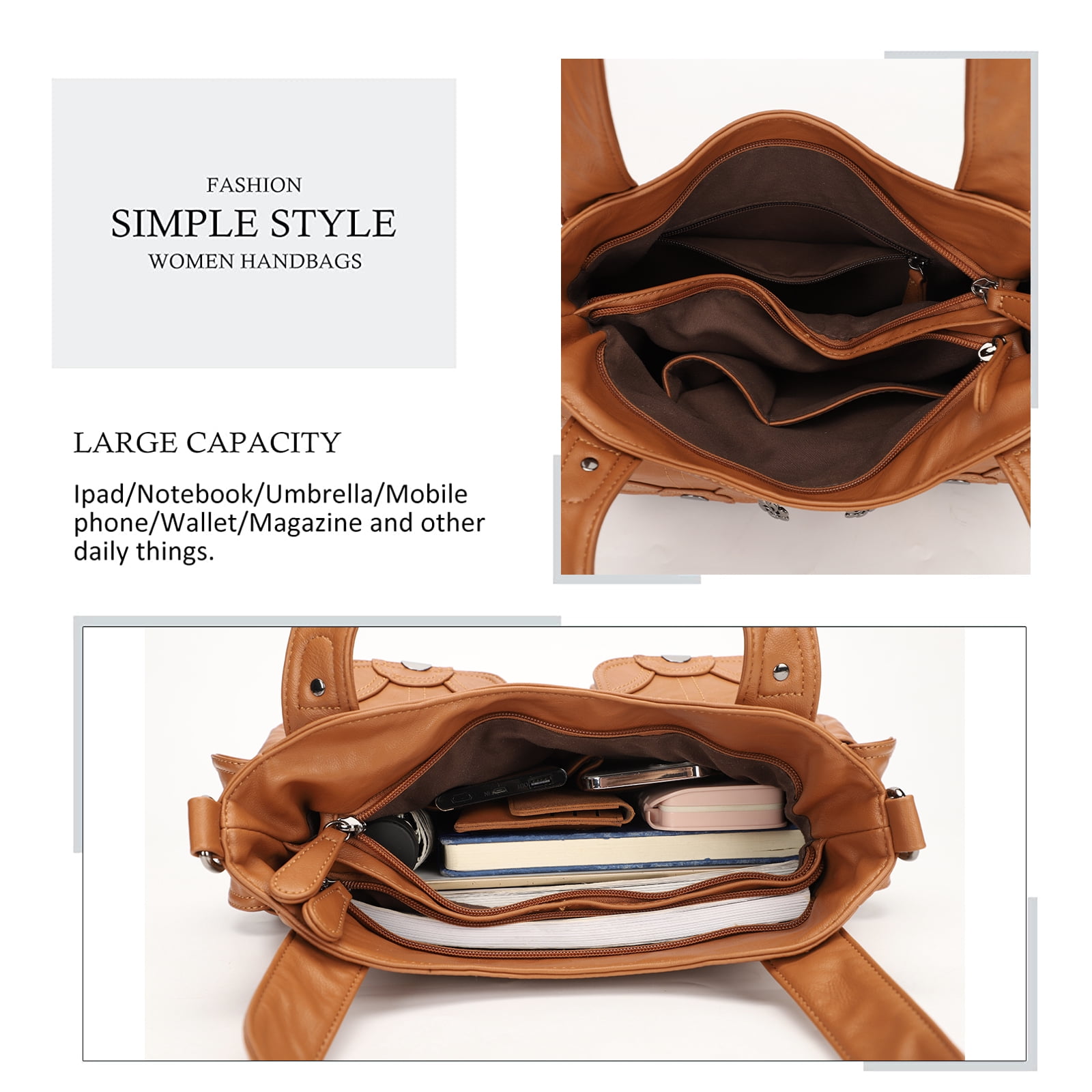 KL928 Hobo Bag for Women Multi Pockets Handbags Large Capacity Leather Purse for Daily Life and Work,Brown