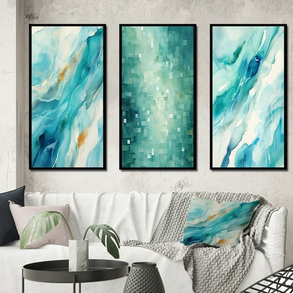 Designart "Impressions Turquoise Vagues de l'Infini VII" Peinture Abstraite Encadrée Ensemble d'Art Mural de 3 - Cadre Moderne Turquoise Ensemble de Galerie pour Décoration de Bureau