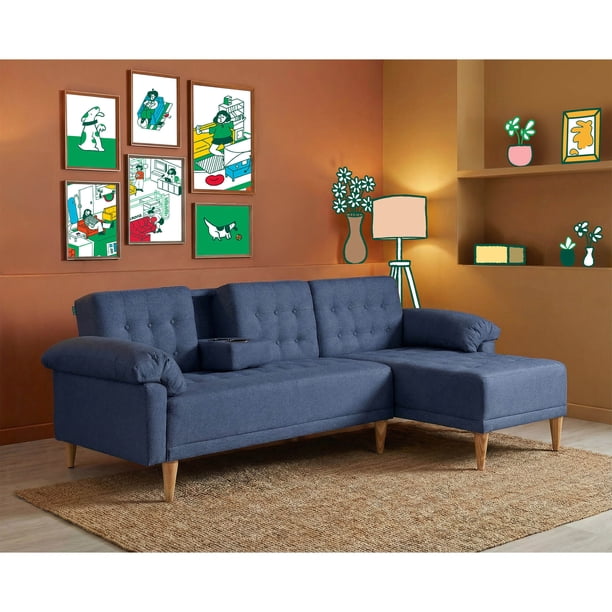 Sala Modular Reversible Makora Brunello Con Memory Foam, Color Azul Lino Respaldo Reclinable De 3 posiciones.
