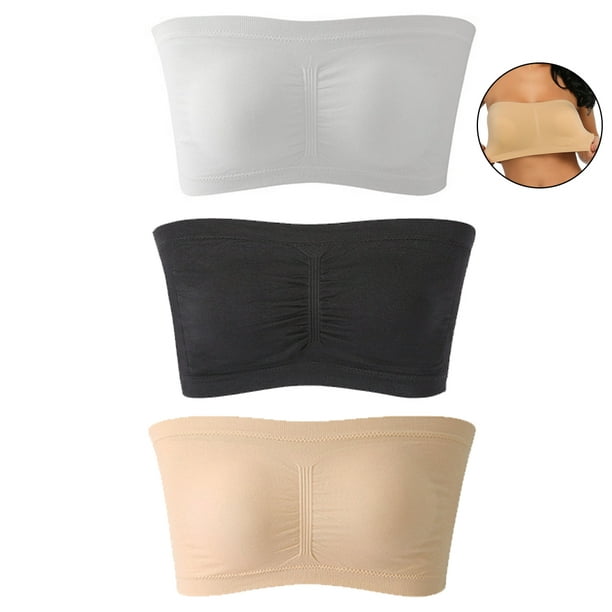 3 pcs Women's Padded Bandeau Bra, Strapless Removable Pads Tube Tops
