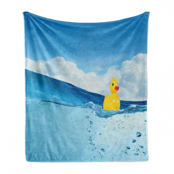 Rubber Duck Soft Flannel Fleece Blanket, Little Duckling Toy Swimming in Pond Pool Sea Sunny Day Floating on Water, Cozy Plush for Indoor and Outdoor Use, 60" x 80", Blue and Yellow, by Ambesonne