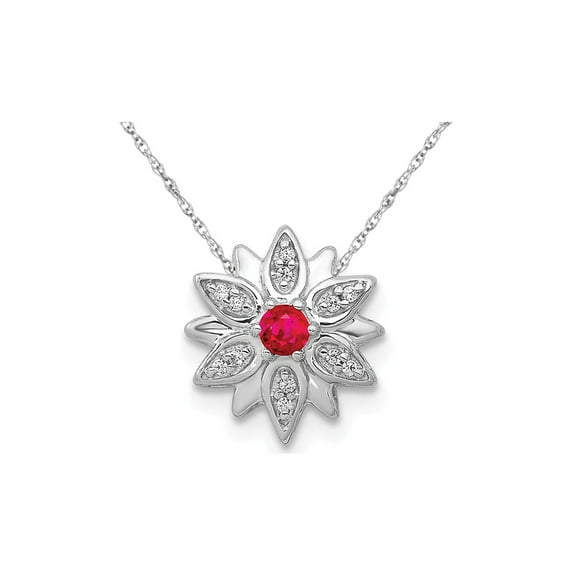 1/12 Carat (Ctw) Natural Ruby Flower Charm Pendant Necklace in 14K White Gold with Chain for Women