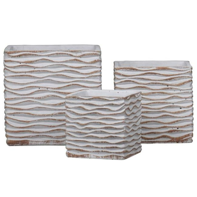 Benjara BM208720 Pot de Forme Carrée Transitionnel avec Motif de Vagues de l'Océan & 44; Blanc - Lot de 3
