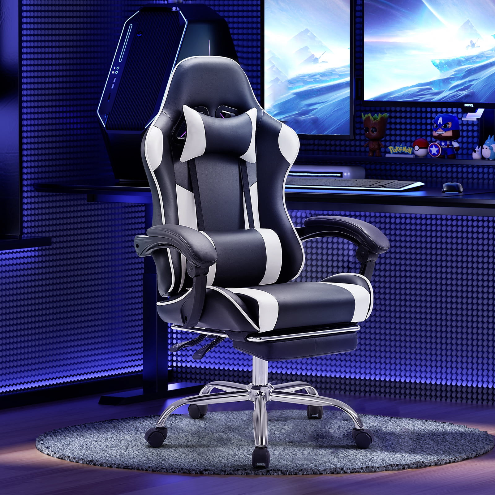JIOABL Ergonomic Gaming Chair With Headrest And Lumbar Pillow,Height Adjustable With 360°-Swivel Seat,White