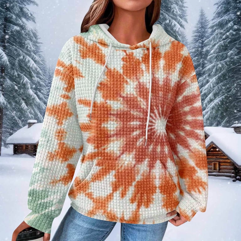Women's Tie Dye Hoodies Trendy Casual Waffle Pullover Oversized