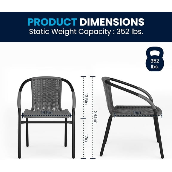 3-Piece Dining Set with Round Glass Metal Table and 2 Stackable Rattan Chairs, Indoor/Outdoor Bistro Table and Chairs Set, Gray