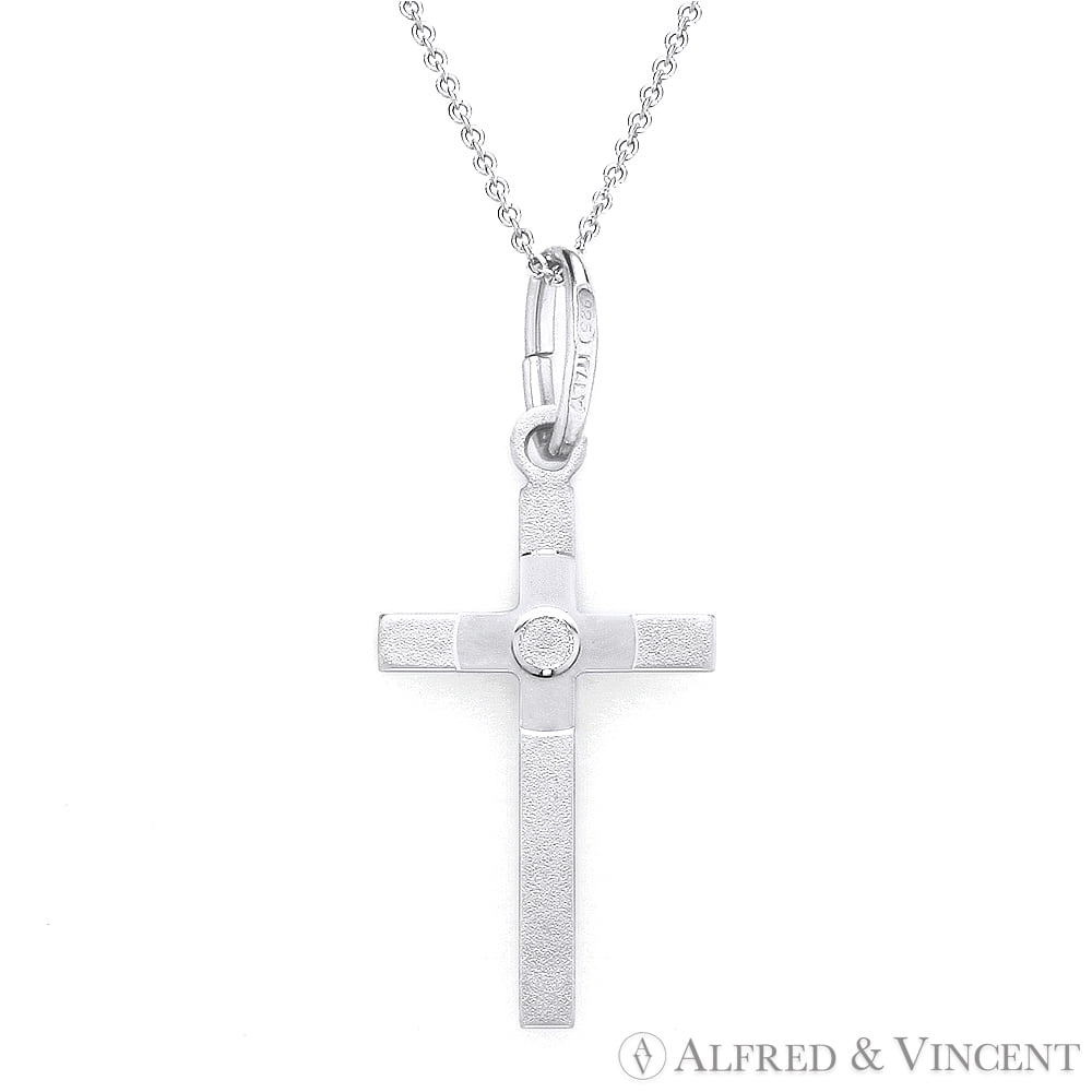 925 Sterling Silver Rhodium-plated Polished & Textured Religious Cross Charm Pendant 