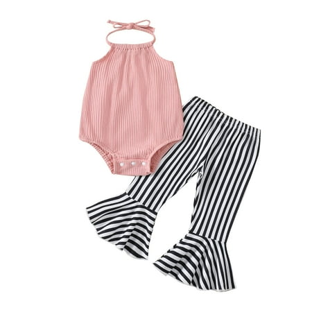 

ADXSUN Newborn Baby Girl Summer Clothes Ribbed Romper+Striped/Floral/Cow Flared Pants Infant Outifts 0-18 Months