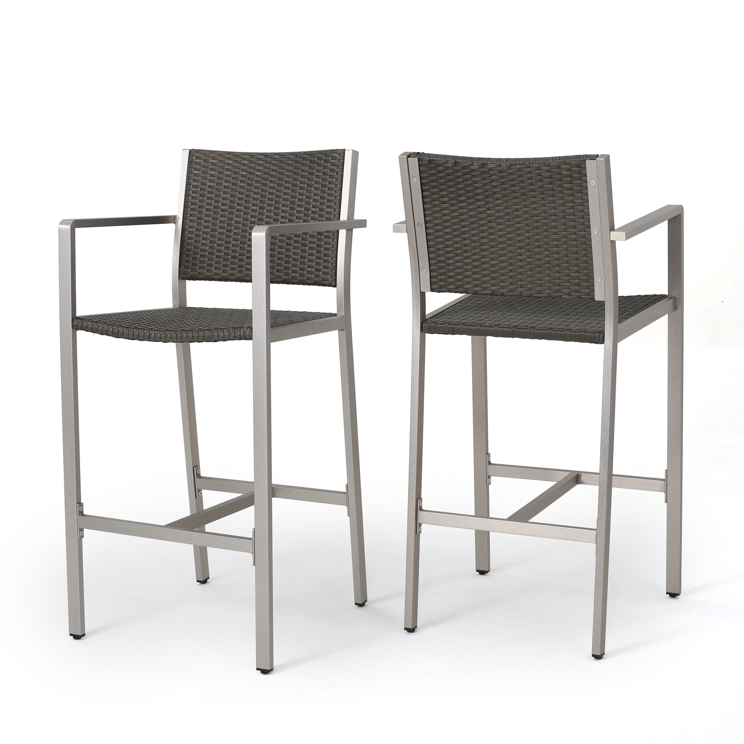 Outdoor Rust Proof Aluminum Frame Bar Stool Set of 2 29.50 Inch, PE Rattan Surface Height Seats for Patio Bar, Silver and Grey