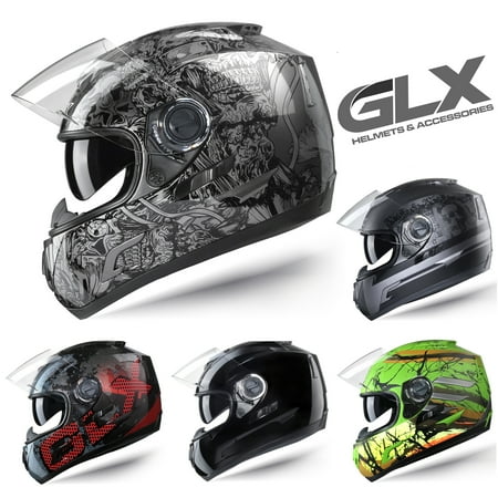 GLX DOT Full Face Motorcycle Street Bike Helmet Clear Smoked Tinted Visor (Red,