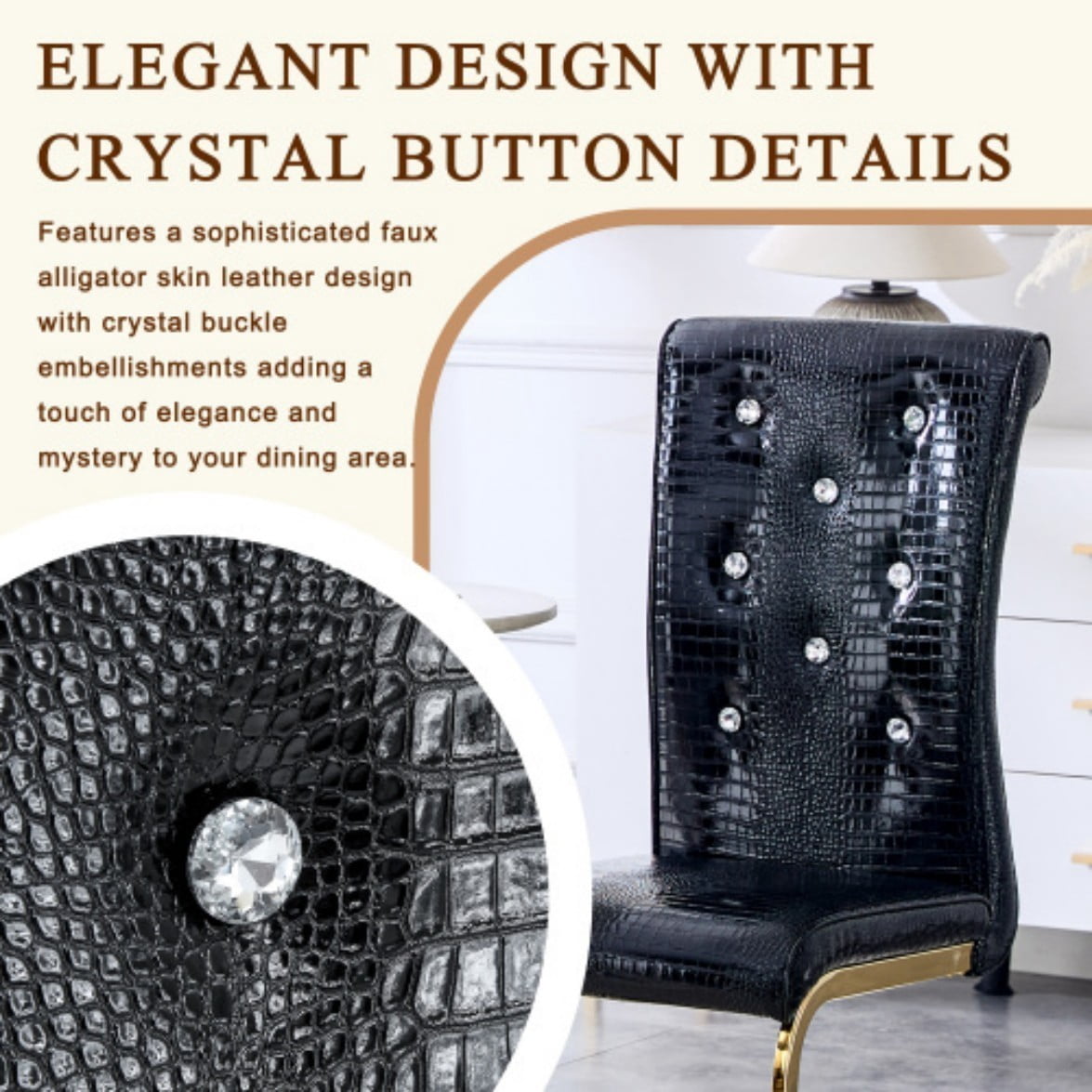 Set of 2 Retro Dining Chairs, Faux Alligator Leather Upholstered Chairs with Crystal Button Details & Plated Metal Bow Legs, 400 LBS, Black & Gold