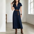 thumbnail image 2 of Morttic Women's Shirt Dress with Belt – Short Sleeve Solid Color Summer Casual A-Line Maxi Dress for Office & Daily Wear Navy Blue，M, 2 of 6