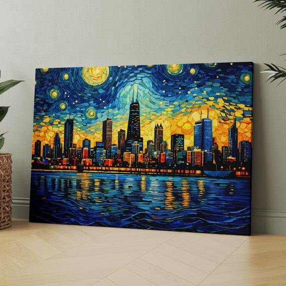 Chicago City Skyline as Van Gogh Starry Night Retro Canvas Wall Art Print