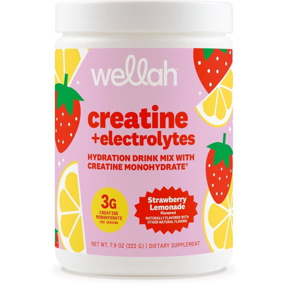 Wellah Creatine   Electrolytes Powder (Strawberry Lemonade) 30 Servings - Hydration Drink Mix with 3g of Creatine Monohydrate