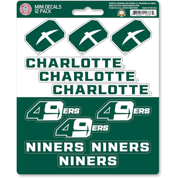 University of North Carolina Charlotte 49ers 12-Piece Mini Decal Sticker Set, 5x6 Inch Sheet, Gift for football fans for any hard surfaces around home, automotive, personal items