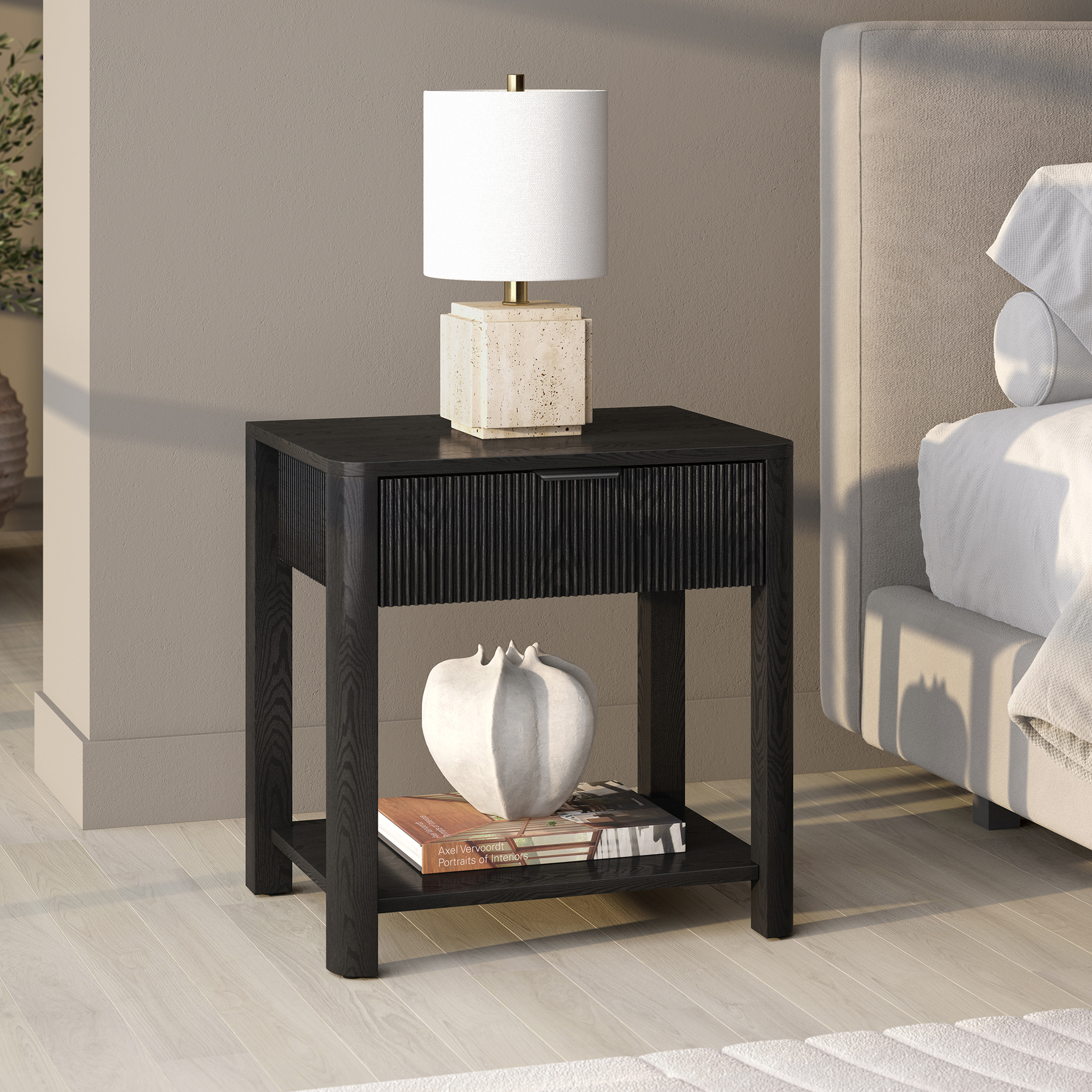 Pomona 24" Wide Rectangular Fluted Nightstand in Black Grain
