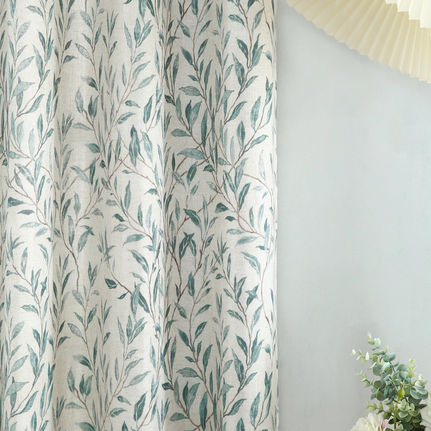 VOGOL Linen Textured Green Leaves Printed Window Drapes, Country Style Light Filtering Curtains for Bedroom, Grommets, W52"xL84", One Panel, Blue