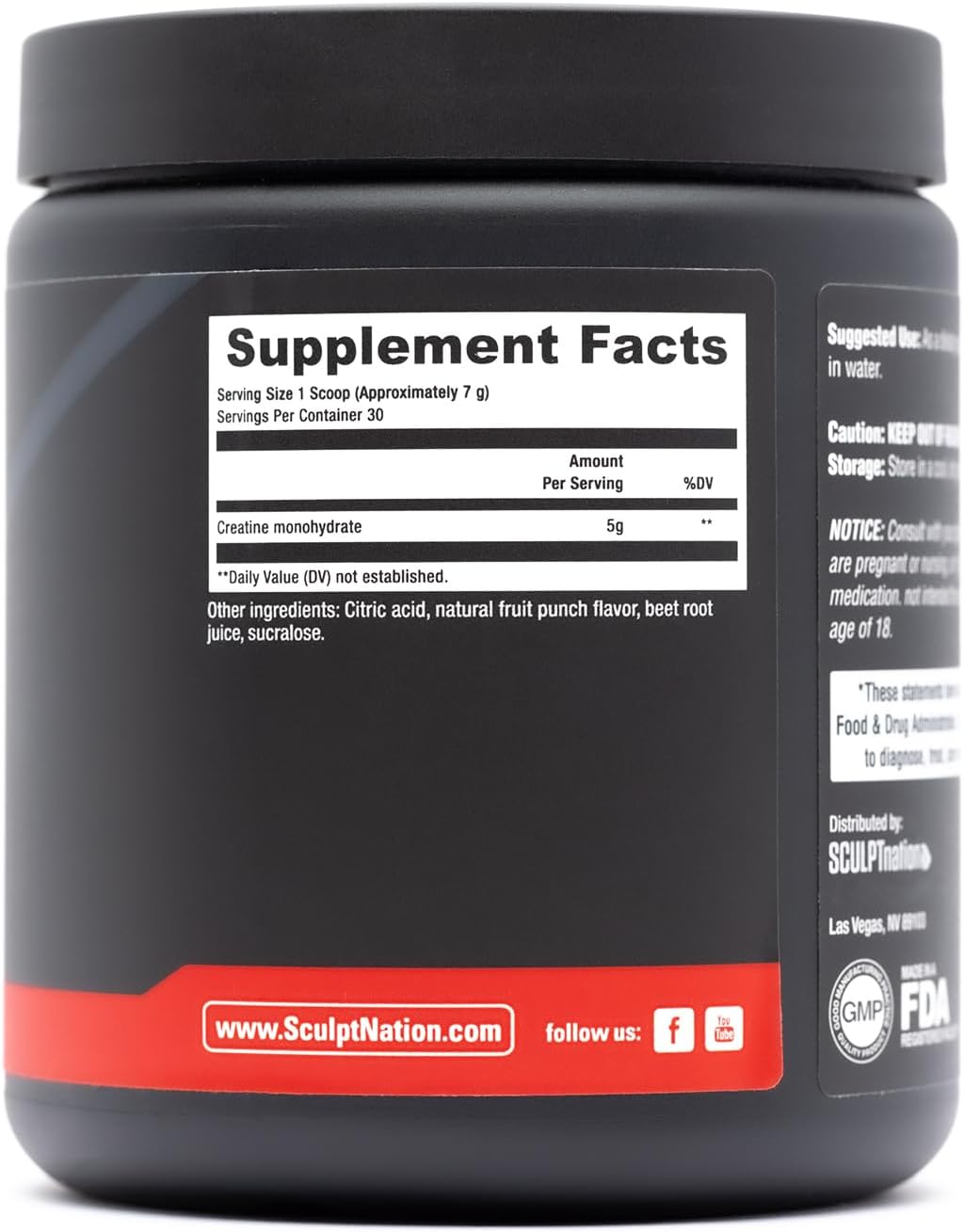 Sculpt Nation Muscle and Energy Support Creatine Monohydrate Amino Acid Supplement Powder, Fruit Punch, Workout Recovery, 30 Servings