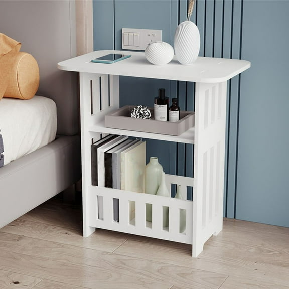 Small Slim End Table White Narrow Side Tables with Magazine Rack Slim Bedside Night Stand for Small Spaces Living Room Bedroom Bathroom Office Home Balcony Sofa