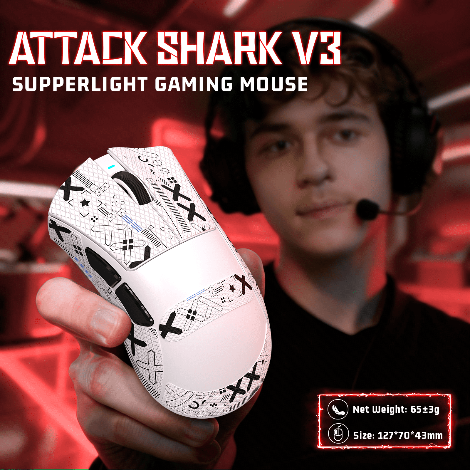 ATTACK SHARK V3 Wireless Gaming Mouse, Tri-Mode 2.4G/USB-C Wired/Bluetooth, PAW3311 Sensor, 25000 DPI, 62g Ultra-Lightweight Design, Grip Tape Included, White