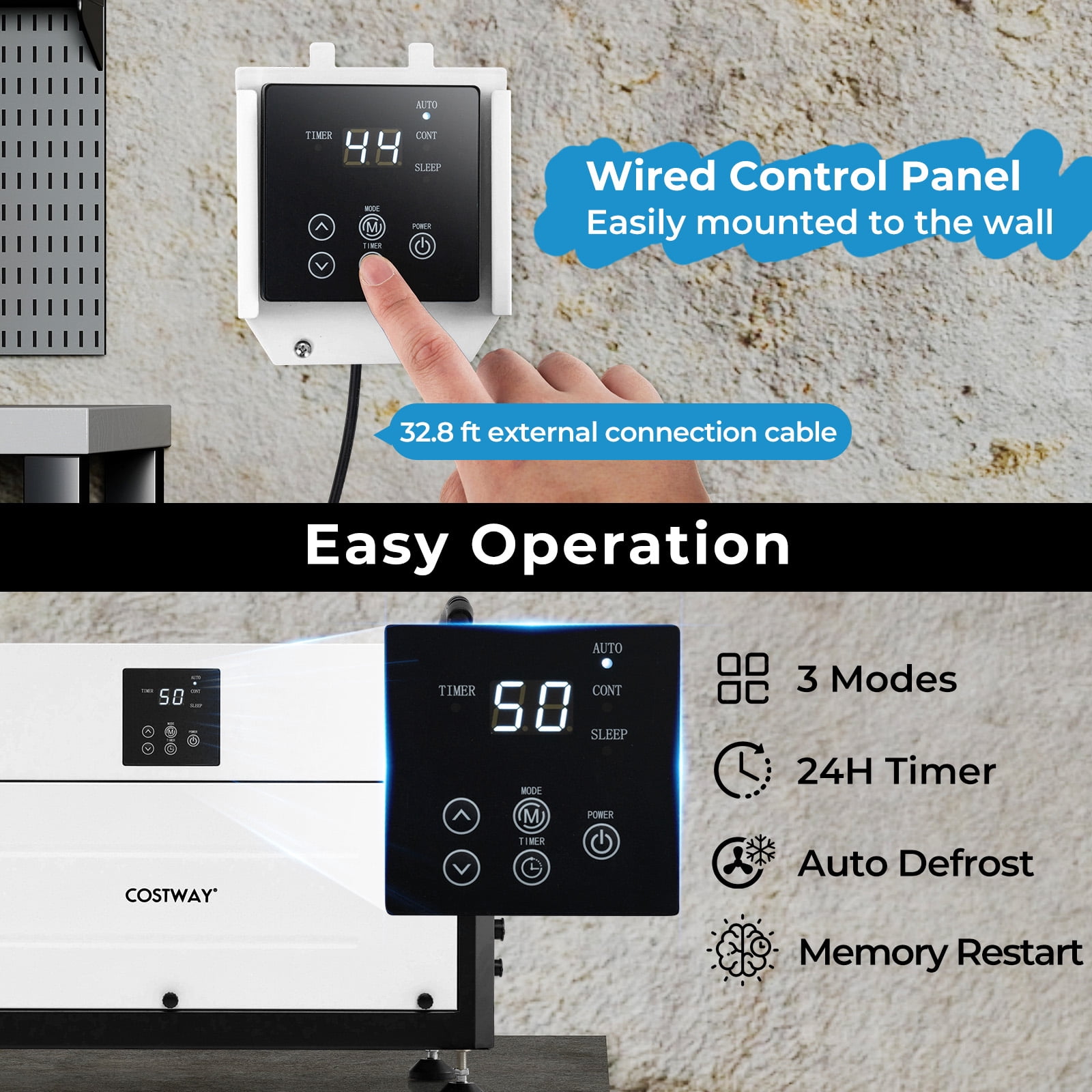 Costway 57 Pint(DOE) Crawl Space Dehumidifier Commercial Dehumidifier with 3 Modes & 24H Timer 1,900 Sq. ft Coverage Area White (MAX 155Pint at 95°F, 90%RH)