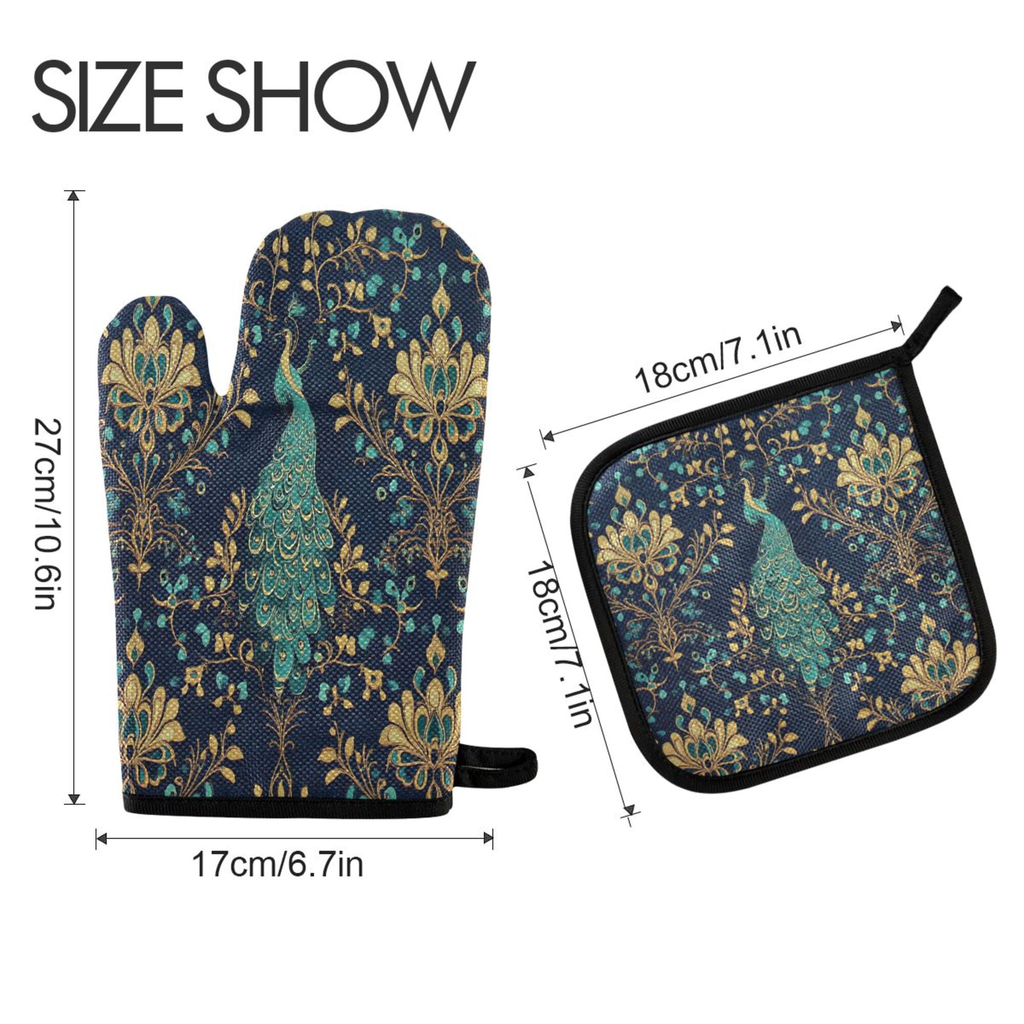 Yayeee Oven Mitts and Pot Holder Set of 4 Heat Resistant Kitchen Gloves Baking Hot Pad, Navy Blue Peacock Pattern
