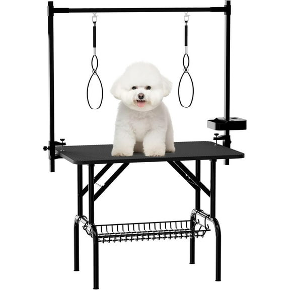 POVANLI 36" Large Dog Grooming Table, Portable Foldable Pet Grooming Station at Home with Adjustable Cat Drying Desktop, Arms, Nooses, Mesh Tray, Weight Capacity 300lbs (Black)