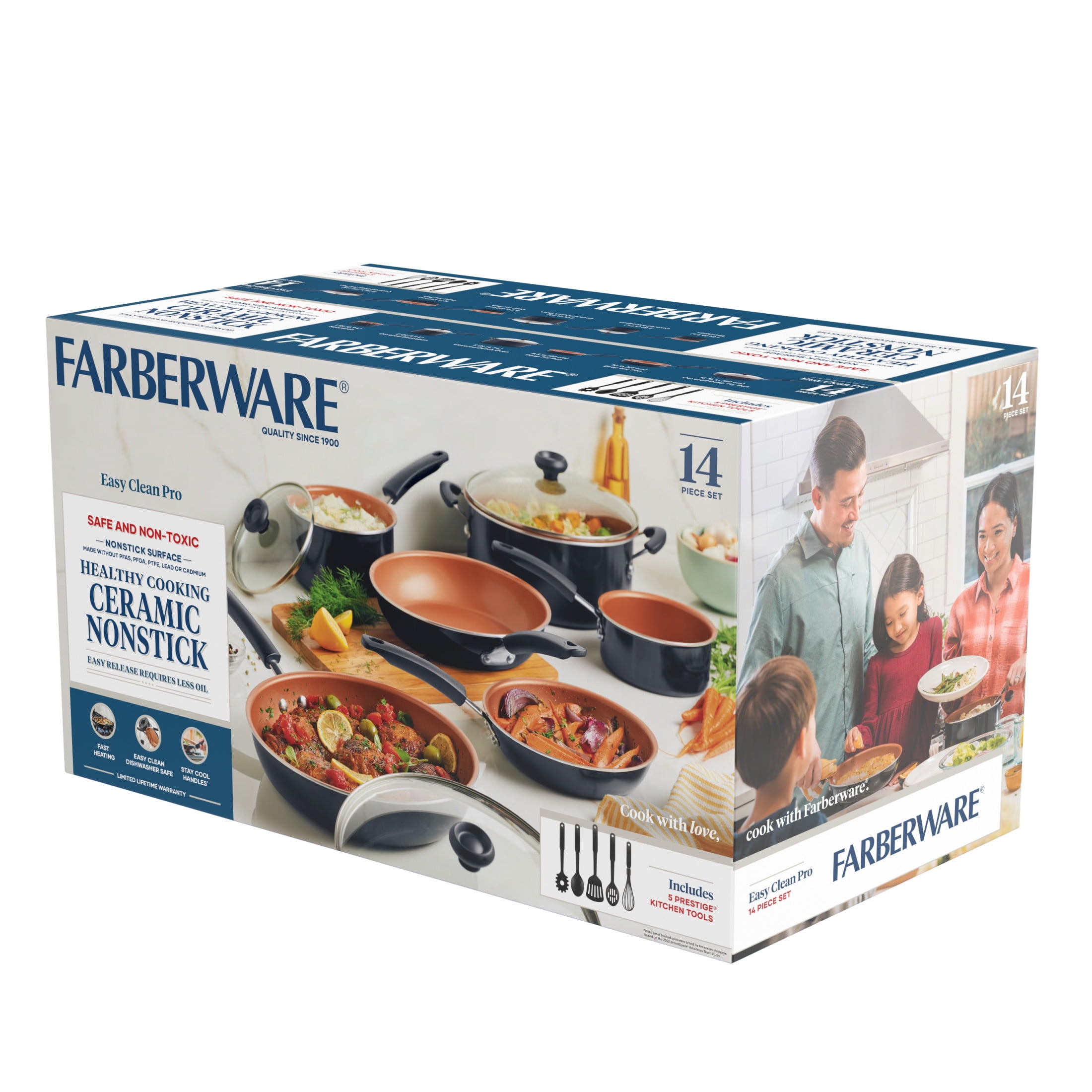Farberware Easy Clean 14 Pcs Ceramic Nonstick Cookware Set with Cooking Tools, Dishwasher Safe, Black