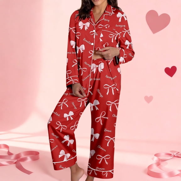 Women's Dressy Casual Long Sleeve Button Down Sleepwear Set Lightweight Graphic Cotton Cute Heart Print Valentines Pajama Sets