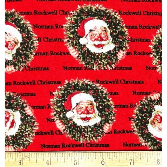 1/2 Yard - Norman Rockwell Classic Santa & Christmas Wreaths on Red Cotton Fabric (Great for Quilting, Sewing, Craft Projects, Throw Pillows & More) 1/2 Yard X 44" Wide