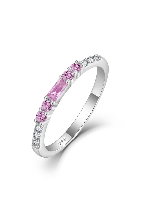 Stackable Eternity Ring for Women 925 Sterling Silver Baguette Cut Pink Tourmaline Ring October Birthstone Jewelry Gifts for Her Size 6